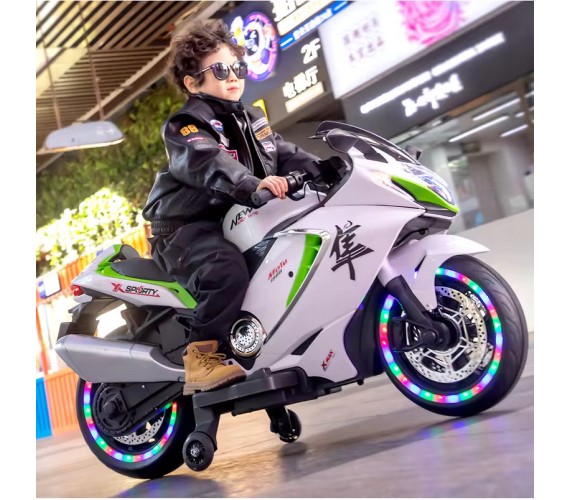 Kids Hayabusa 12V Battery Operated Ride On Bike for Kids with Hand Accelerator 2- 9 Years(White)