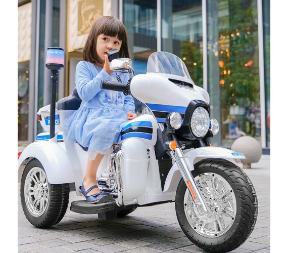 Harley Police Electric Ride on Bike for kids 12V Battery Bike with Hand Accelerator, Music Light(2-6Yrs)White