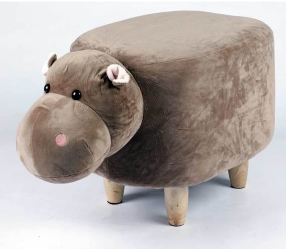 Wooden Animal Stool for Kids (Hippo) | with Removable Soft Fabric Cover Chair(Brown)