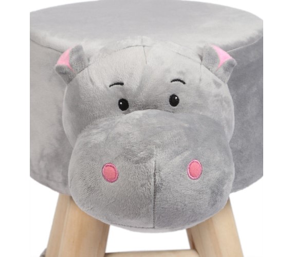 Wooden Animal Stool for Kids (Hippo) | with Removable Soft Fabric Cover Chair(Grey)