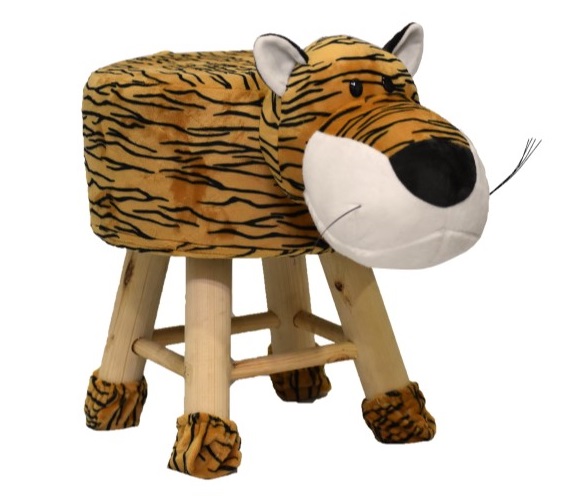 Wooden Animal Stool for Kids (Tiger) | with Removable Soft Fabric Cover (Yellow) chair